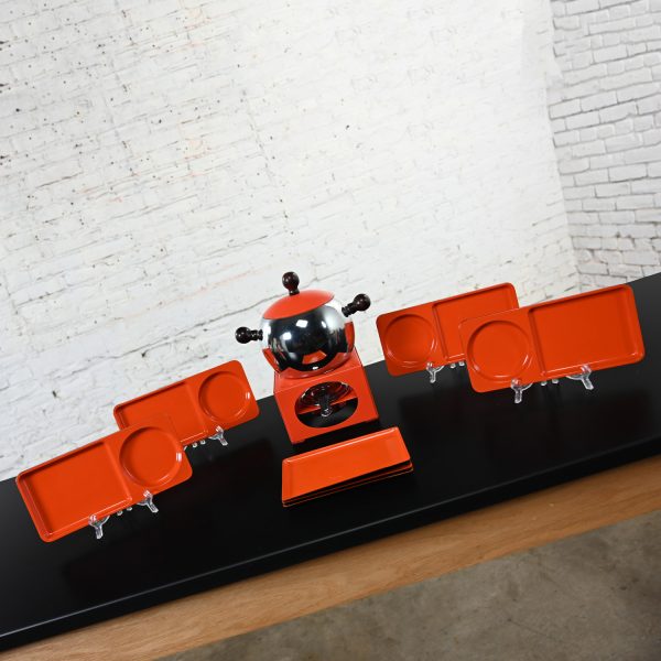 Late 20th Century Retro Orange Enamel & Chrome Fondue Pot & 7 Serving Trays Black & Orange Plastic