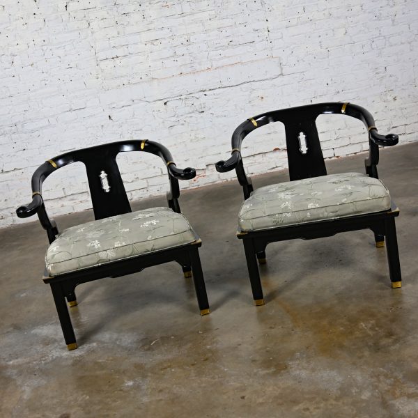 Mid to Late 20th Century Asian Chinoiserie Ming Style Yoke Back Chairs Black Lacquered & Brass Details Style of James Mont