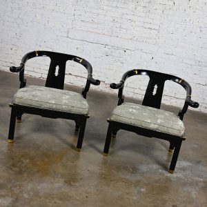 Mid to Late 20th Century Asian Chinoiserie Ming Style Yoke Back Chairs Black Lacquered & Brass Details Style of James Mont