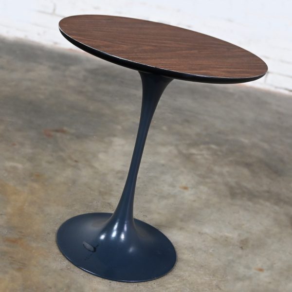 1960-1970’s MCM Burke for Brunswick Tulip Side Table Style of Saarinen Painted Aluminum Base & Wood Grain Laminate Top