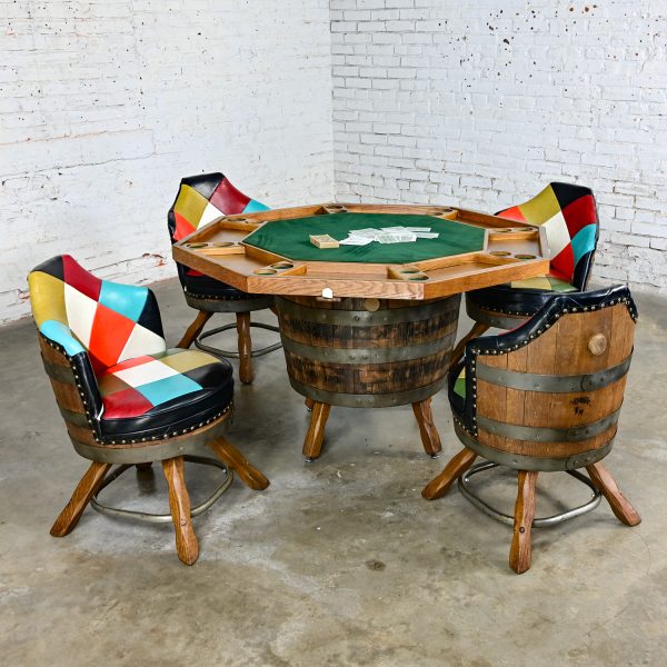 Late 20th Century Rustic Oak Whiskey Barrel Poker Table & 4 Swivel