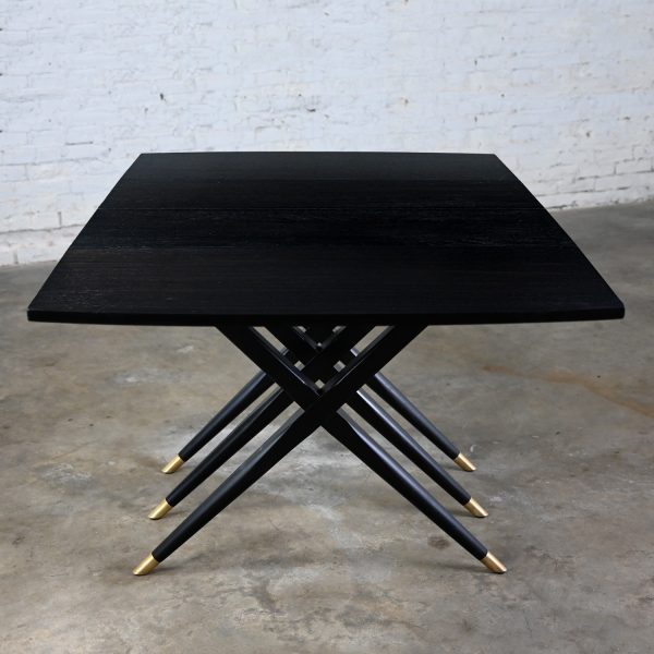 Mid-20th Century MCM Black Dyed Mahogany Dining Table with Drop Leaf & Triple Scissor Leg Base by Craddock
