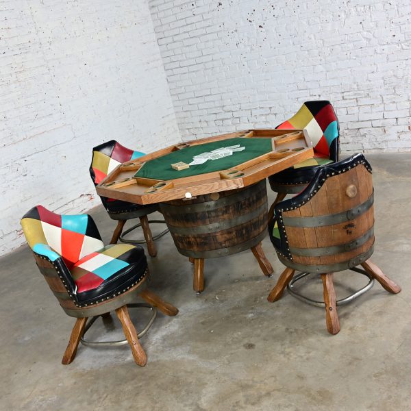 Late 20th Century Rustic Oak Whiskey Barrel Poker Table & 4 Swivel Chairs Style Brothers of Kentucky