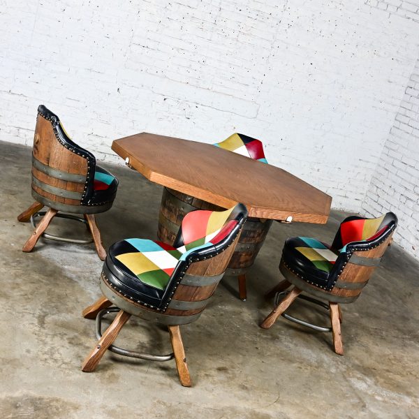 Late 20th Century Rustic Oak Whiskey Barrel Poker Table & 4 Swivel