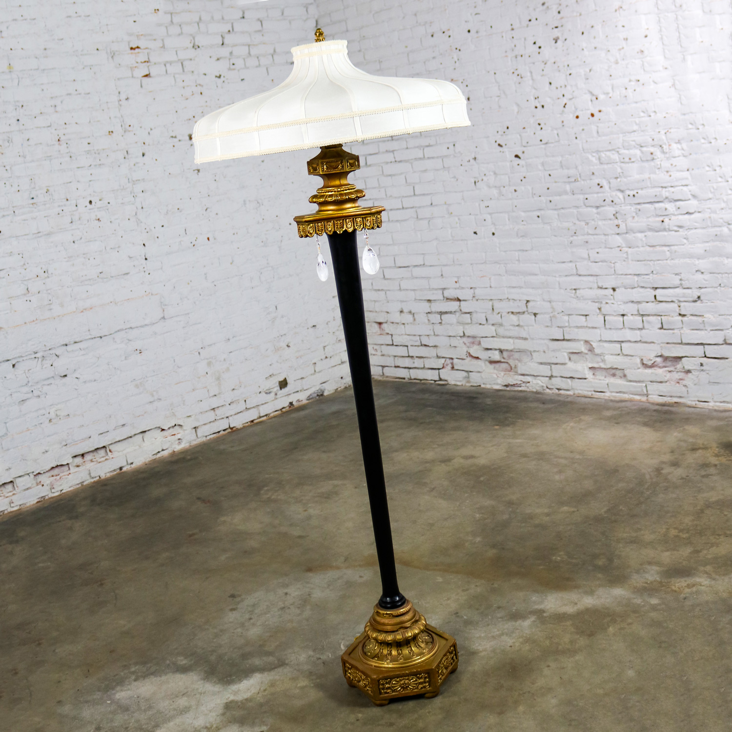 Large Antique Victorian Black & Gilt Floor Lamp by Max Ray with Handmade Shade & Teardrop Pendants