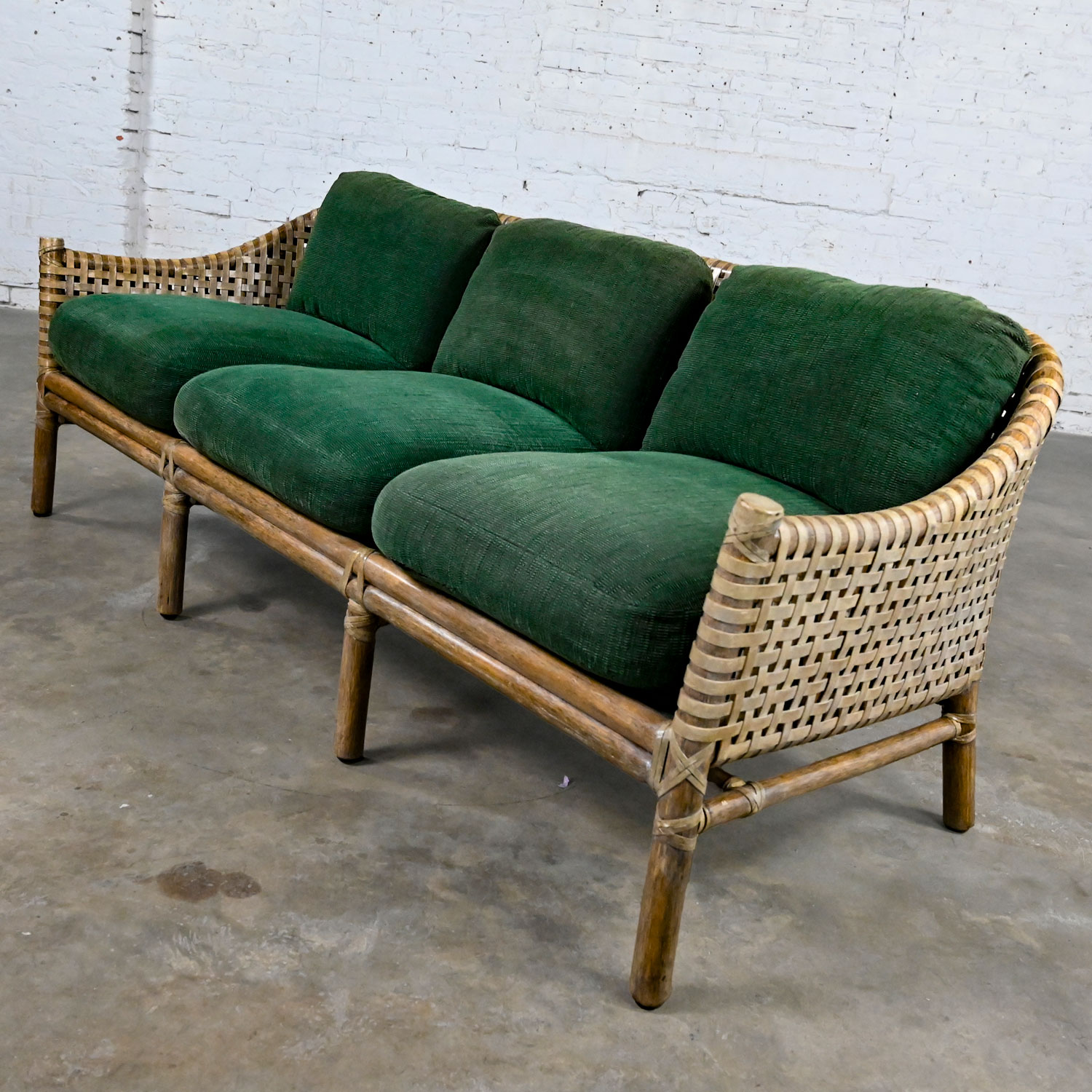 Late 20th Century Modern Rattan & Woven Rawhide Green Chenille Cushion Sofa Settee by McGuire
