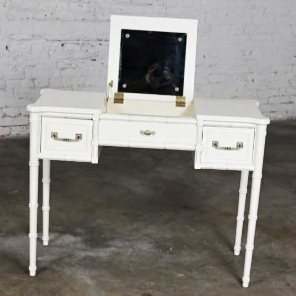 1960’s Hollywood Regency Campaign Style Bali Hai Vanity Faux Bamboo Off White Painted by Henry Link