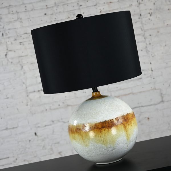 Mid-20th Century Mid Century Modern Drip Glaze Ceramic Ball Lamp with New Black Drum Shade