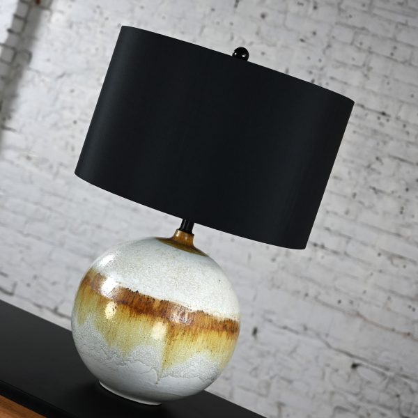 Mid-20th Century Mid Century Modern Drip Glaze Ceramic Ball Lamp with New Black Drum Shade