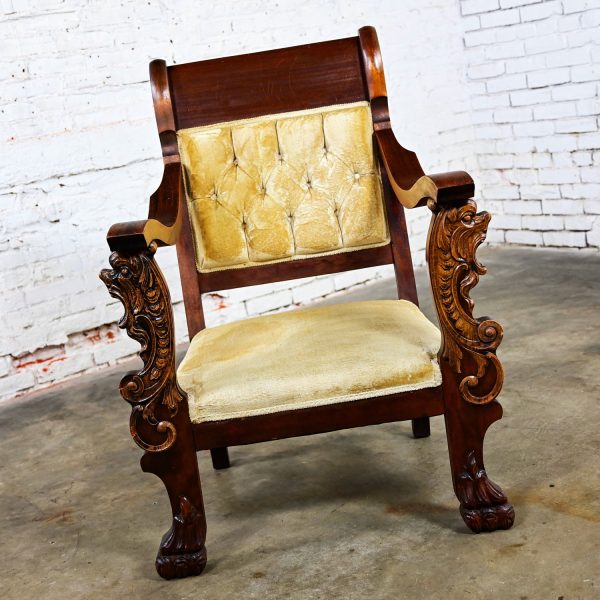 Late 1800’s Antique Victorian Mahogany Armchair Carved Figural Lion Heads & Claw Feet & Gold Velvet Upholstery