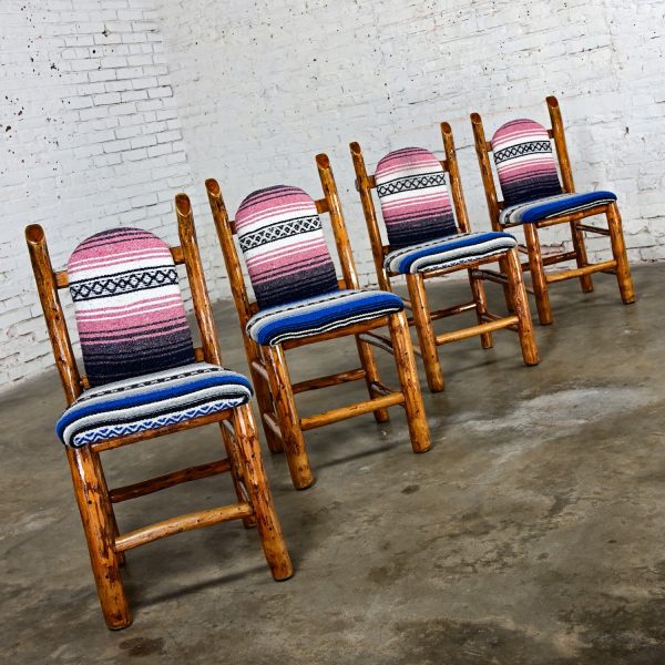 Late 20th Century Rustic Natural Log Frame Dining Chairs with Traditional Serape Blanket Upholstery