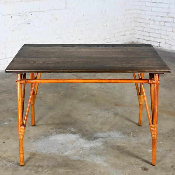 Mid-20th Century Island Style Rattan Dining Table with Ebony Black Stained Hardwood Top