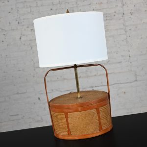 Late 20th Century Chinoiserie or Asian Style Rattan & Wicker Basket Table Lamp with New White Drum Shade