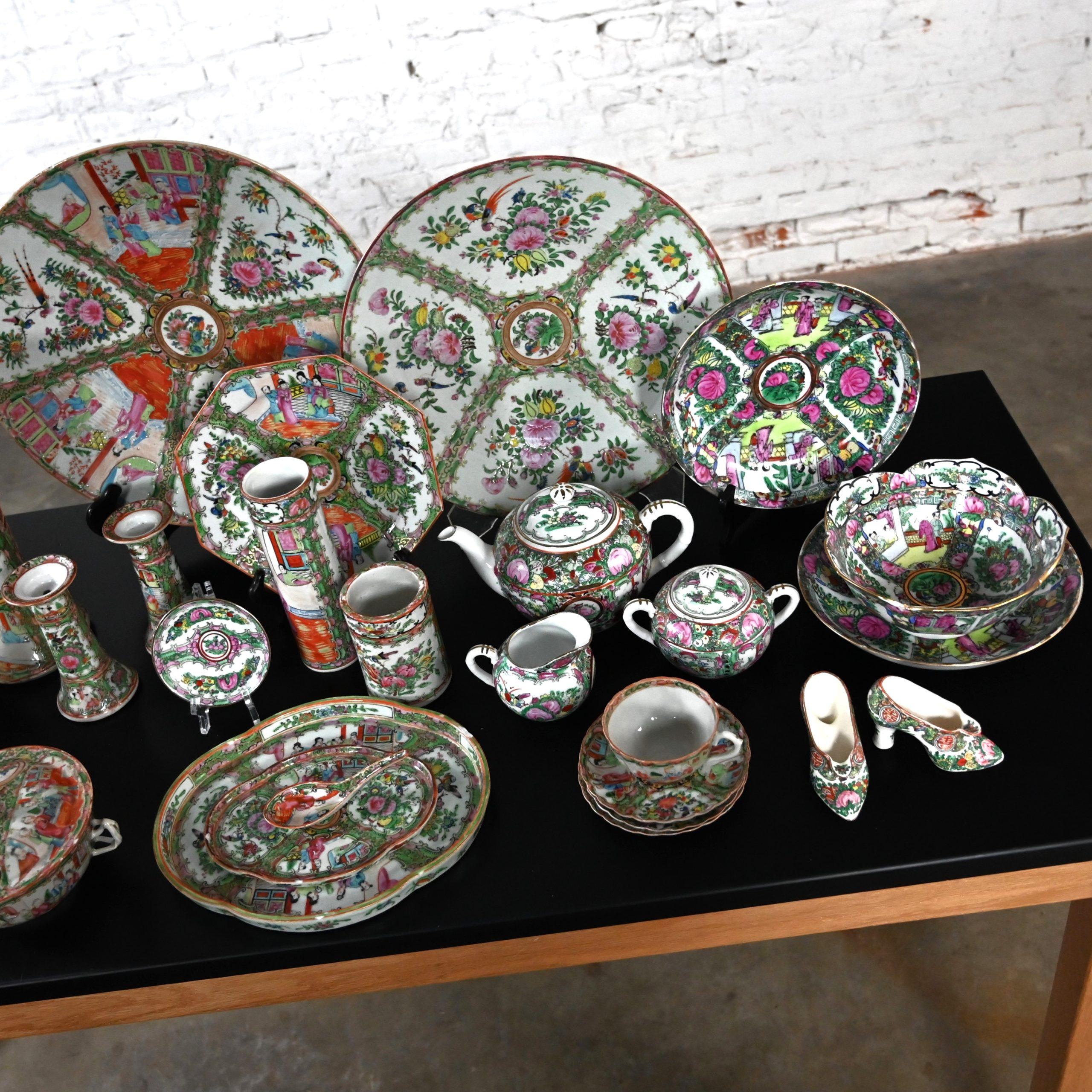 1850’s Antique to 1970’s Vintage Assorted Rose Medallion Tableware Various Styles 61 Pieces Total