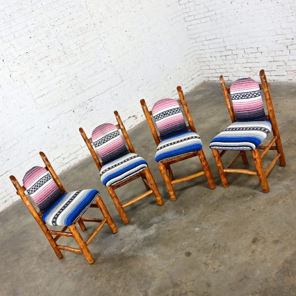 Late 20th Century Rustic Natural Log Frame Dining Chairs with Traditional Serape Blanket Upholstery