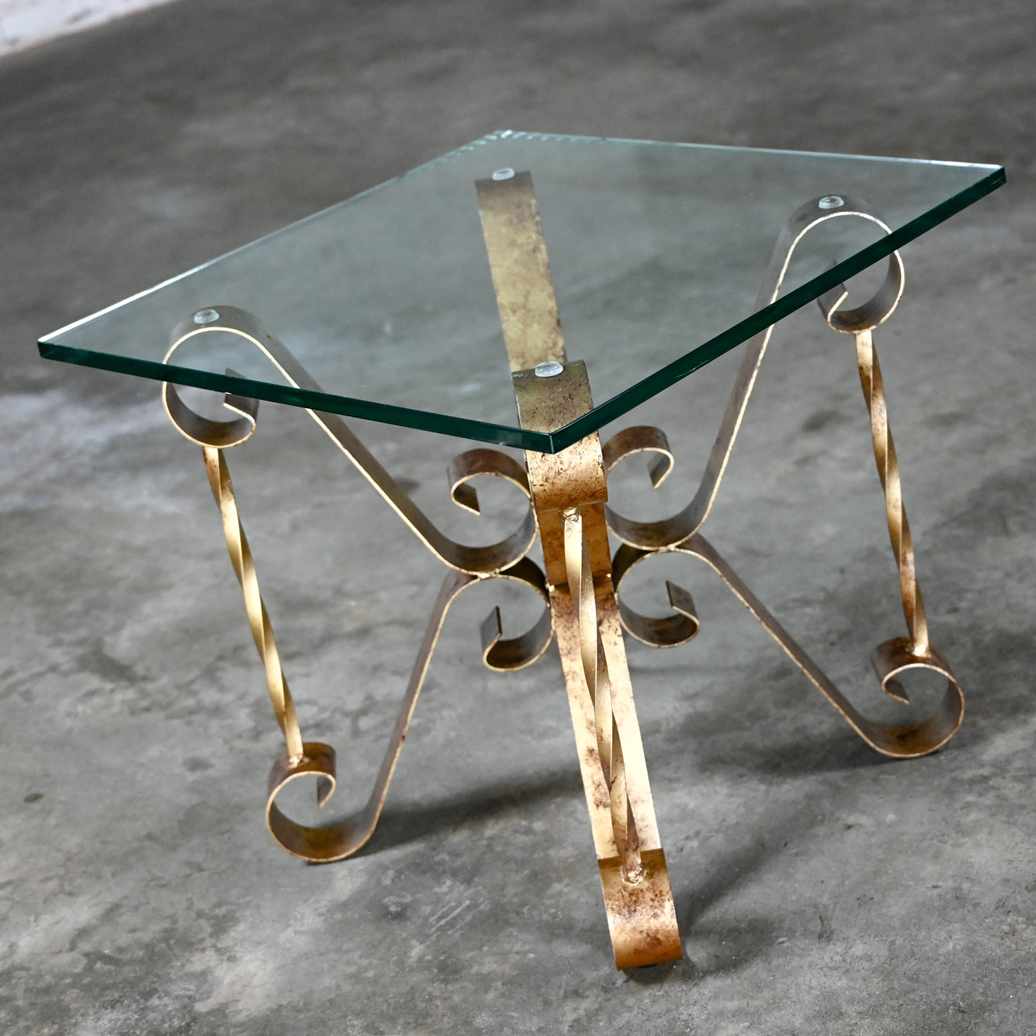 1970’s Hollywood Regency Antiqued Gold Iron End Side or Accent Table with Square Glass Top