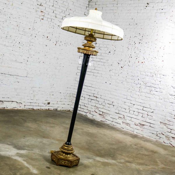 Large Antique Victorian Black & Gilt Floor Lamp by Max Ray with Handmade Shade & Teardrop Pendants