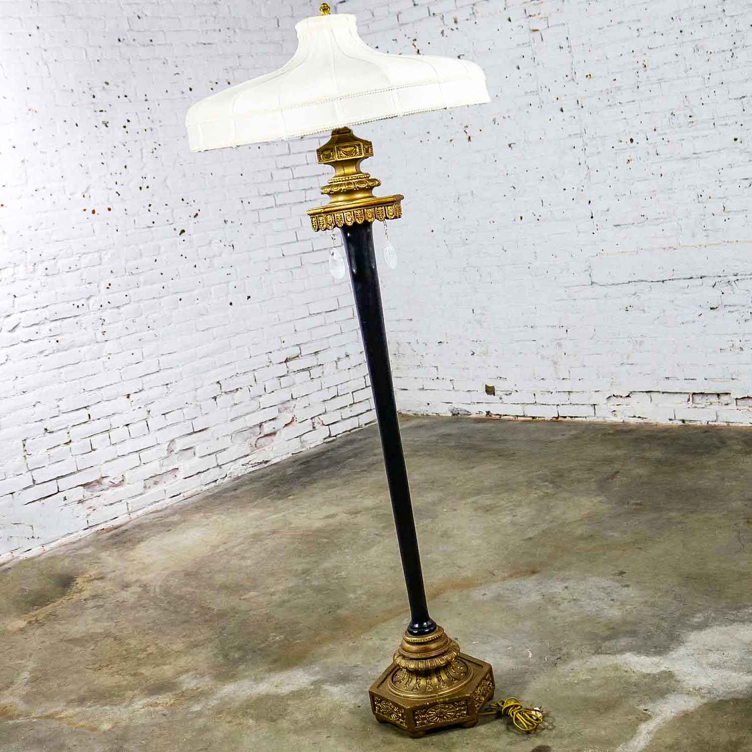 Large Antique Victorian Black & Gilt Floor Lamp by Max Ray with Handmade Shade & Teardrop Pendants