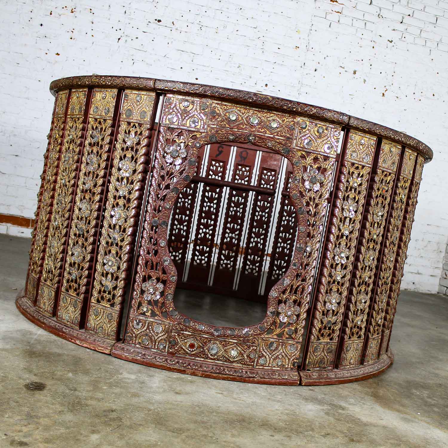 Antique Burmese Orchestra Hsian Wain Drum/Percussion Circle Carved Panel Table with Rectangular Glass Top & 15 Myanmar Drums