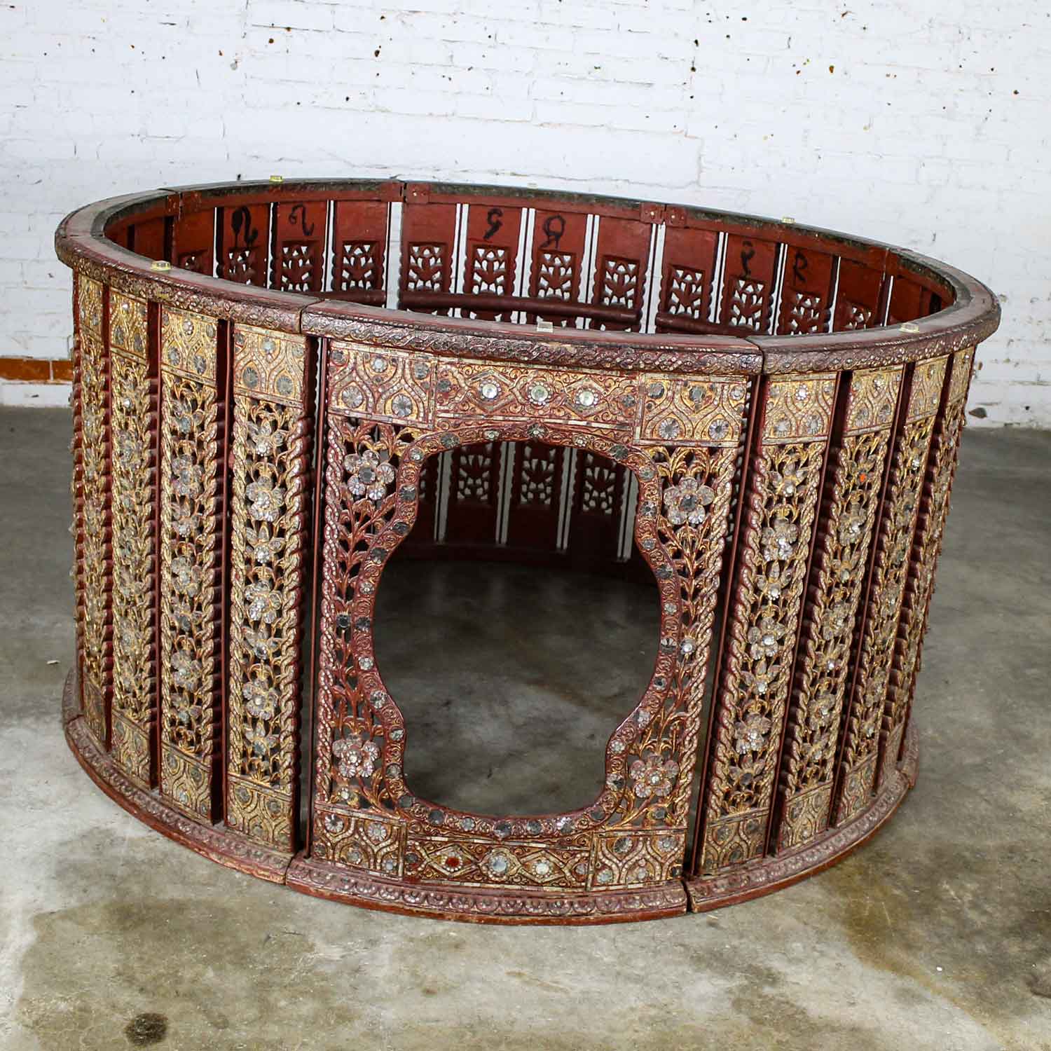 Antique Burmese Orchestra Hsian Wain Drum/Percussion Circle Carved Panel Table with Rectangular Glass Top & 15 Myanmar Drums