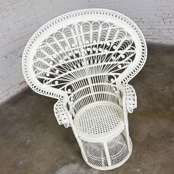 1970s Bohemian Hollywood Regency Off White Painted Rattan Peacock Fan Back Chair