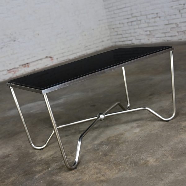 Late 20th Century Modern Brushed Steel Tube Coffee Table with Removeable Black Glass Top