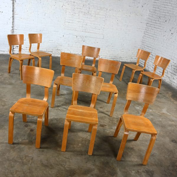 Set 10 Mid-20th Century MCM Thonet #1216 Dining Chairs Bent Oak Plywood Saddle Seat Single Bow