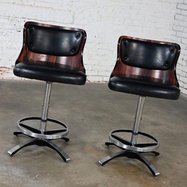 1960-1970’s Mid Century Modern Adjustable Swivel Barstools Black Vinyl Chrome & Cast Aluminum by Daystrom a Pair