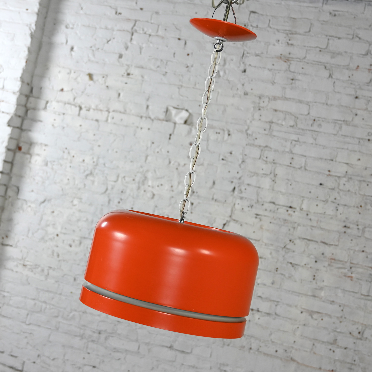 Mid-20th Century Mid Century Modern Orange Dome Pendant Hanging Light Fixture by Lightolier