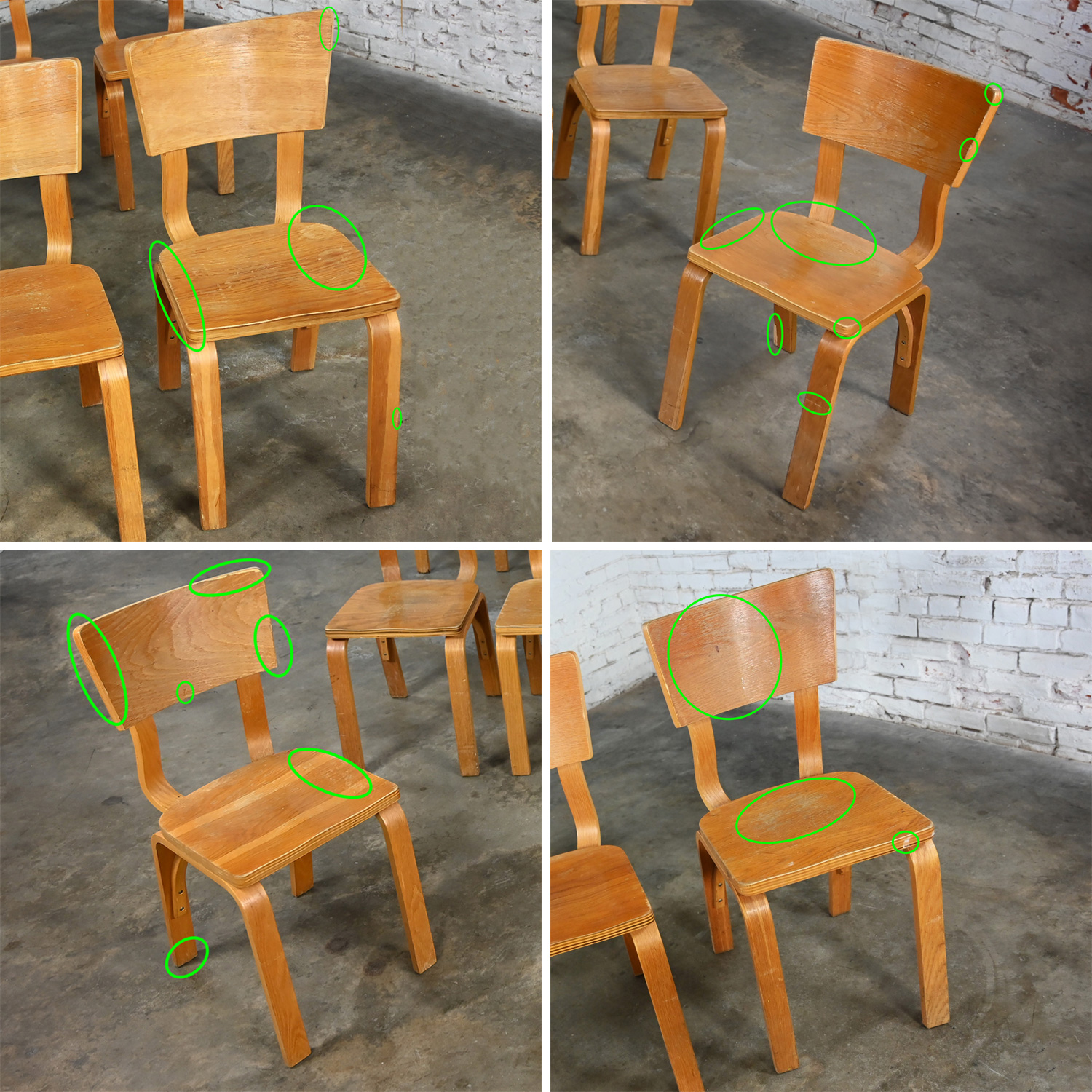 Set 10 Mid-20th Century MCM Thonet #1216 Dining Chairs Bent Oak Plywood Saddle Seat Single Bow