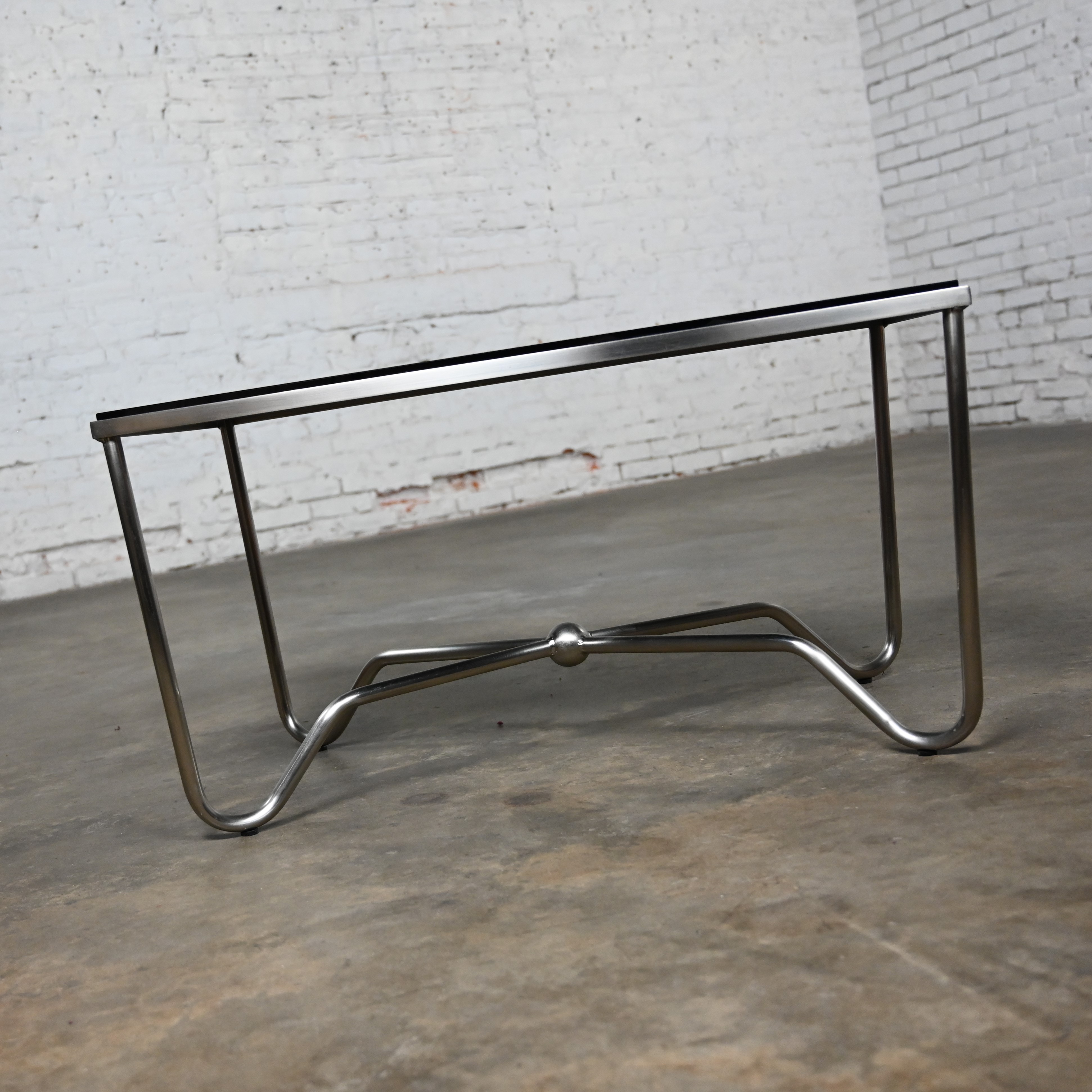 Late 20th Century Modern Brushed Steel Tube Coffee Table with Removeable Black Glass Top