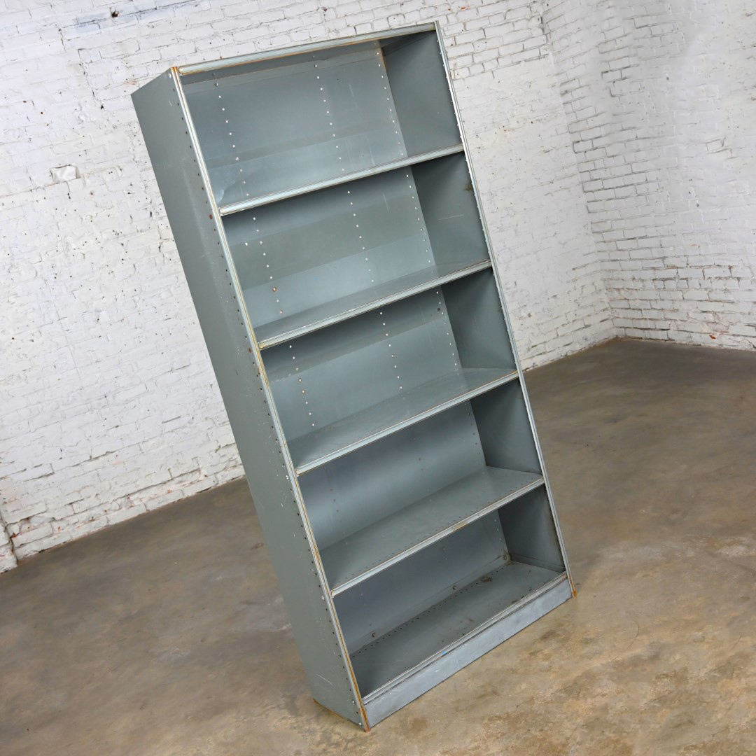 Mid to Late 20th Century Industrial Rustic Distressed Metal Shelving Bookcase or Display Unit