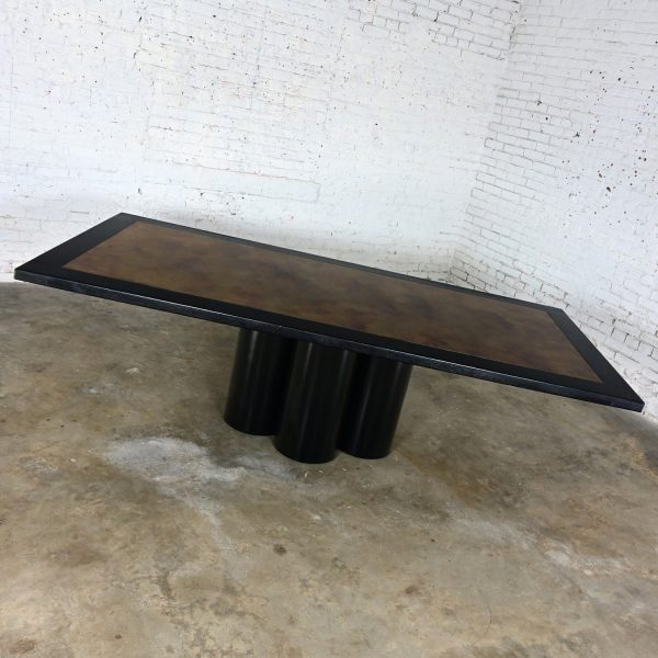 Late 20th Century Modern Dining Table Black Painted Metal Cylinder Pedestal Base & Black Oak Framed Top with Brass Insert