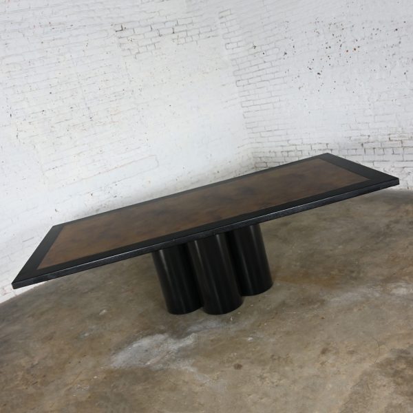 Late 20th Century Modern Dining Table Black Painted Metal Cylinder Pedestal Base & Black Oak Framed Top with Brass Insert