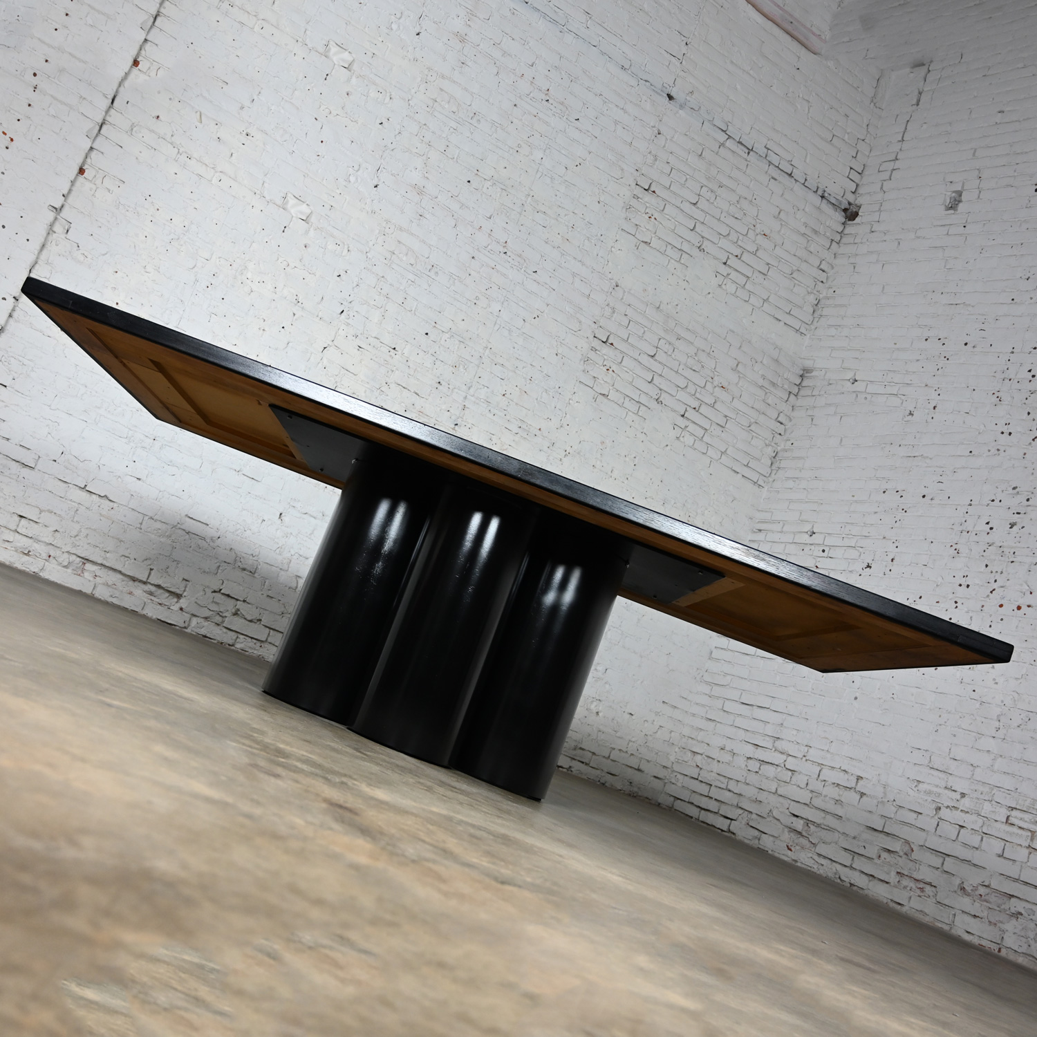 Late 20th Century Modern Dining Table Black Painted Metal Cylinder Pedestal Base & Black Oak Framed Top with Brass Insert