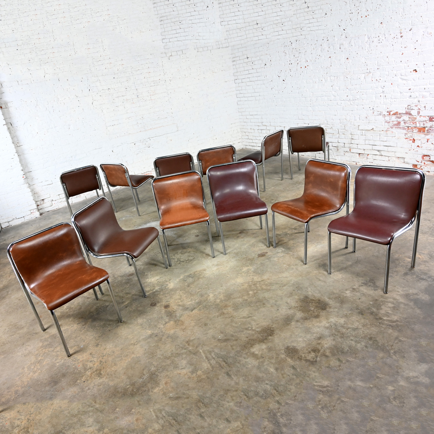 Mid to Late 20th Century Bauhaus to MCM Brown Vinyl & Chrome Scoop Chairs by Jansko Set of 12