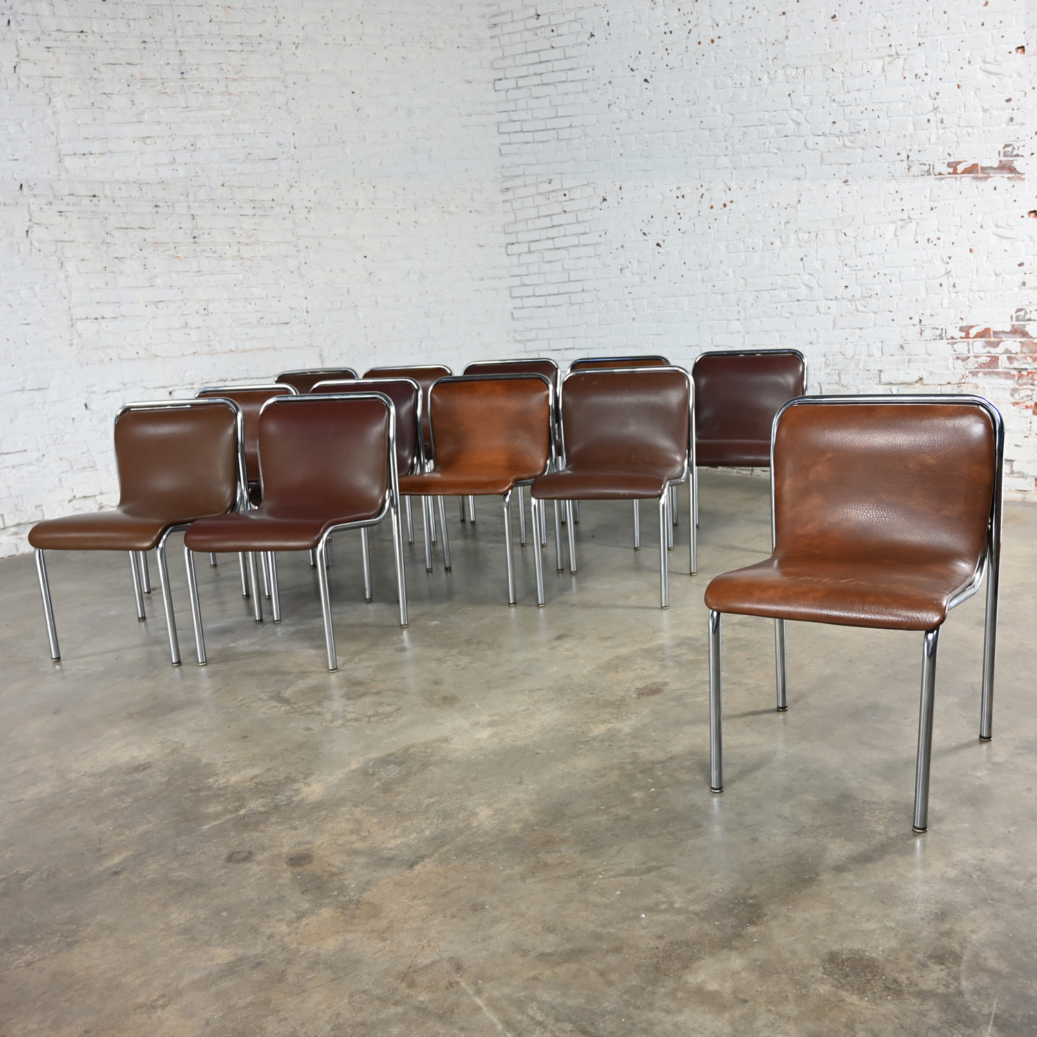 Mid to Late 20th Century Bauhaus to MCM Brown Vinyl & Chrome Scoop Chairs by Jansko Selling Separately