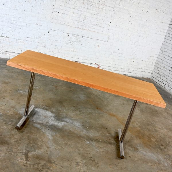 Mid-20th Century MCM Swiss Omega Blonde Oak Dining Table Attributed to Hans Eichenberger with Chrome T Shape Legs