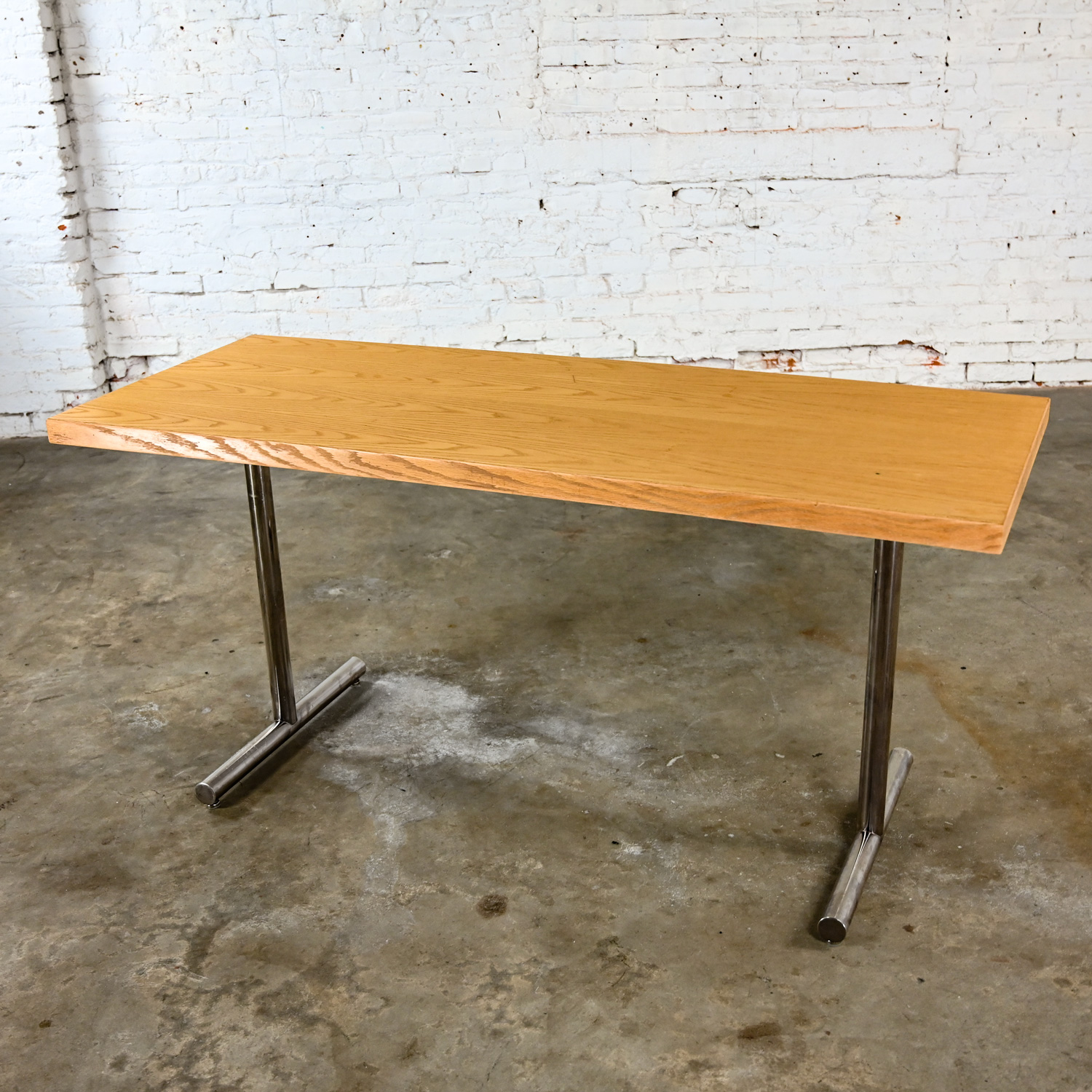 Mid-20th Century MCM Swiss Omega Blonde Oak Dining Table Attributed to Hans Eichenberger with Chrome T Shape Legs