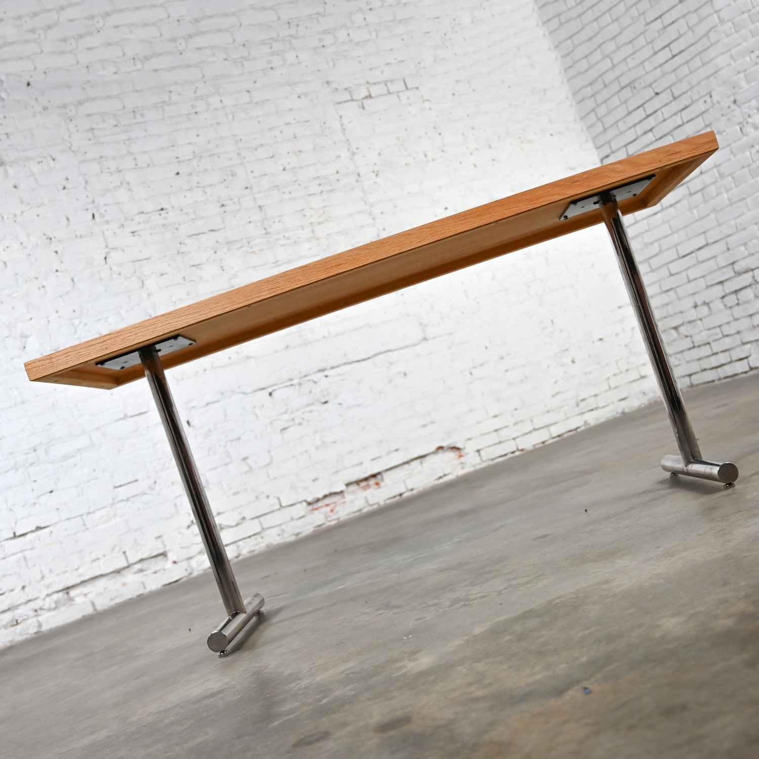 Mid-20th Century MCM Swiss Omega Blonde Oak Dining Table Attributed to Hans Eichenberger with Chrome T Shape Legs