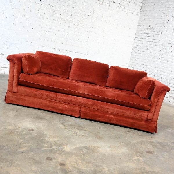 1970’s Modern Orange Chenille Tuxedo Sofa with Rolled Arms by Stratford Designs Division of Futorian Manufacturing Company