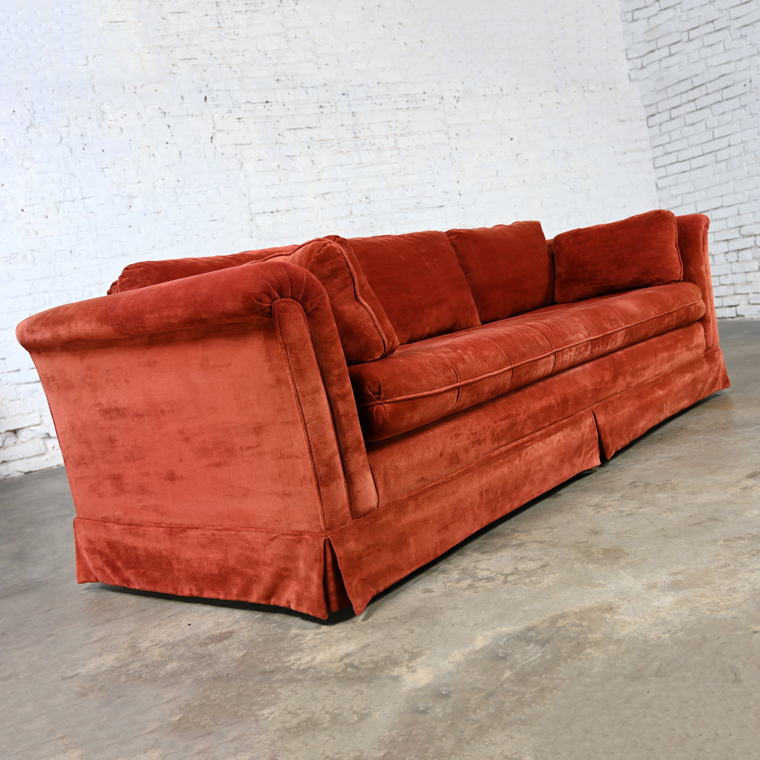 1970’s Modern Orange Chenille Tuxedo Sofa with Rolled Arms by Stratford Designs Division of Futorian Manufacturing Company