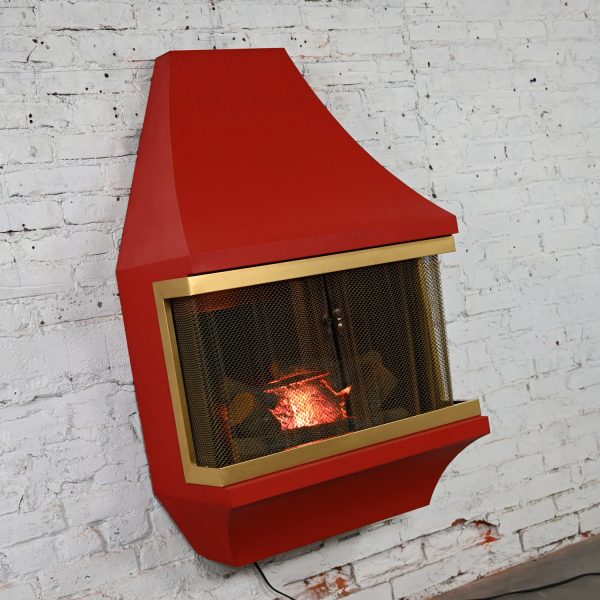 1960’s Mid-Century Modern Electric Wall Fireplace Orange with Gold Tone Trim Attributed to Montgomery Ward Style House