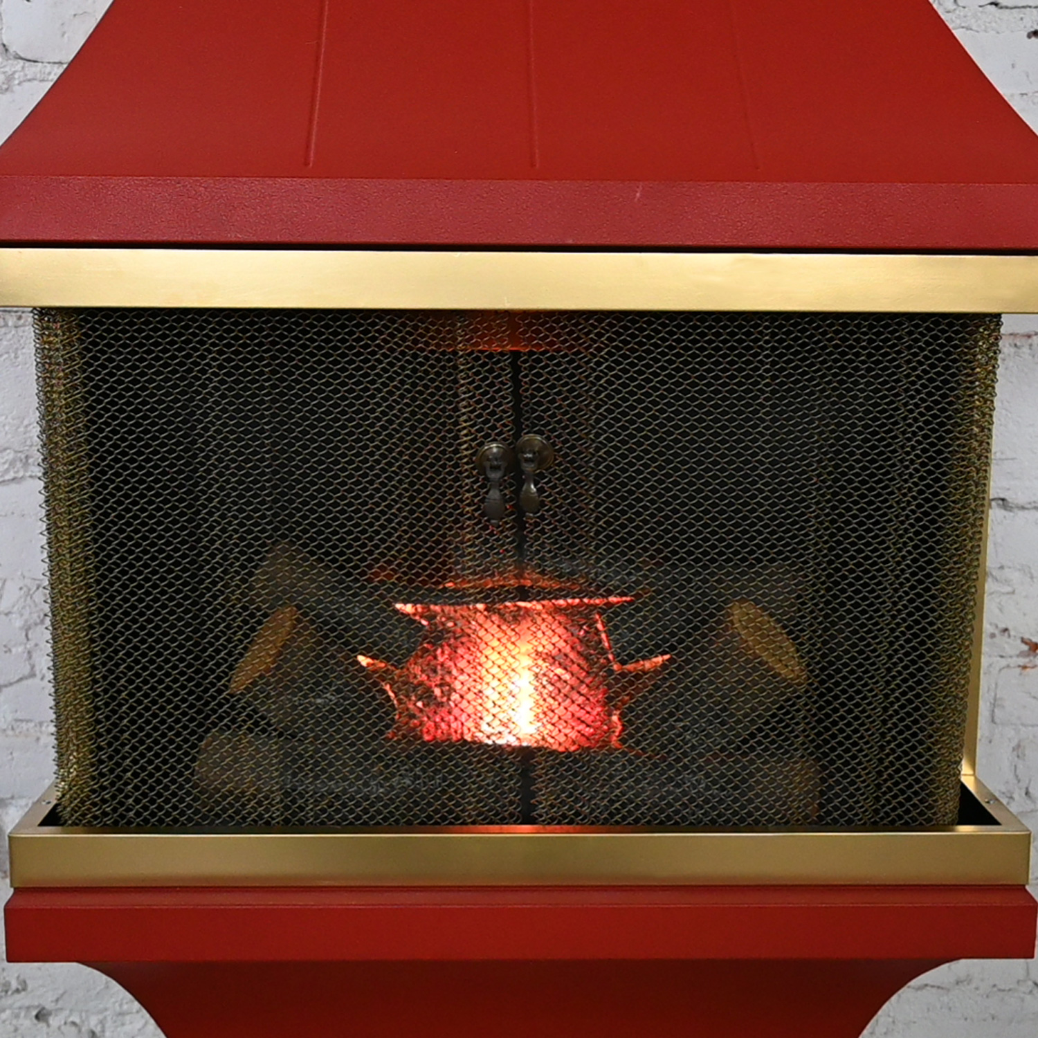 1960’s Mid-Century Modern Electric Wall Fireplace Orange with Gold Tone Trim Attributed to Montgomery Ward Style House