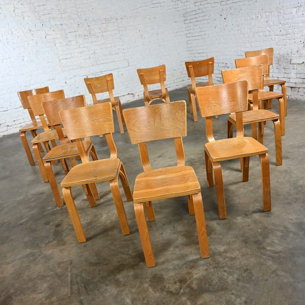 Set 12 Mid-20th Century MCM Thonet #1216 Dining Chairs Bent Oak Plywood Saddle Seat Single Bow