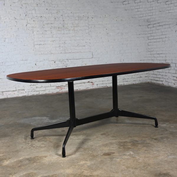 MCM Eames Herman Miller Racetrack Oval Conference or Dining Table Black Universal Segmented Base & Dark Wood Top