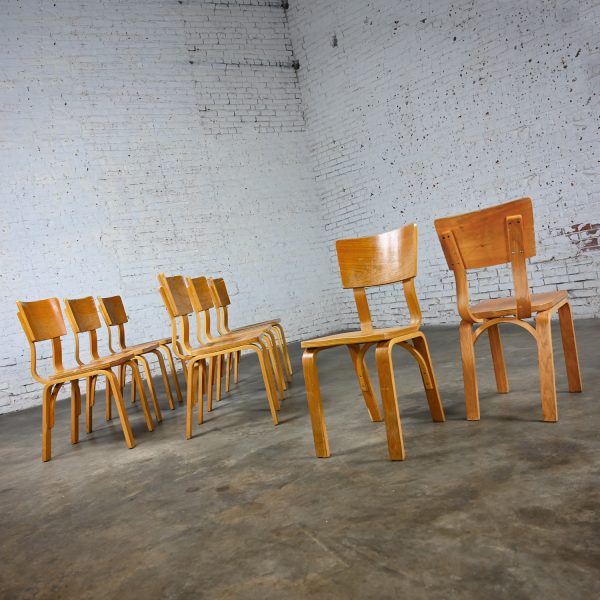 Set 8 Mid-20th Century MCM Thonet #1216 Dining Chairs Bent Oak Plywood Saddle Seat Single Bow