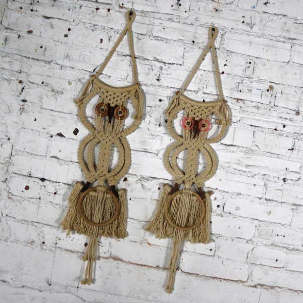 1960-1970’s Mid Century Modern Boho Chic Macrame Owl Wall Hanging Towel Rings a Pair