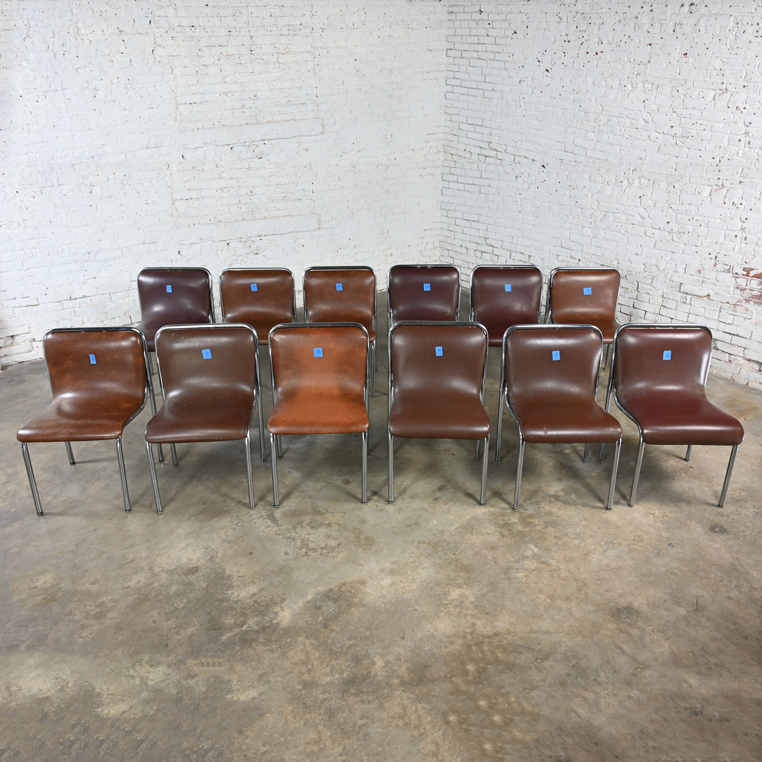Mid to Late 20th Century Bauhaus to MCM Brown Vinyl & Chrome Scoop Chairs by Jansko Set of 12