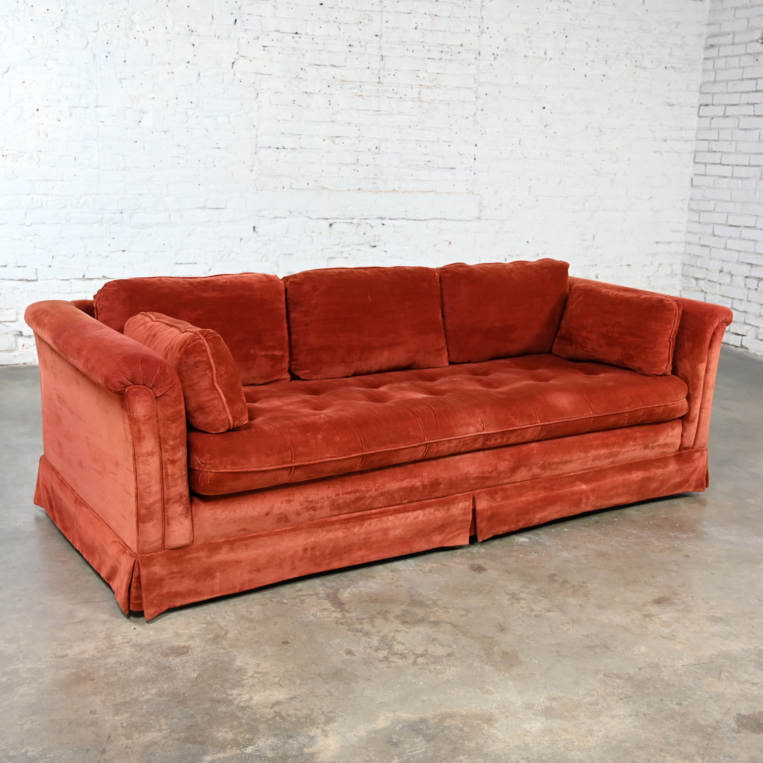 1970’s Modern Orange Chenille Tuxedo Sofa with Rolled Arms by Stratford Designs Division of Futorian Manufacturing Company